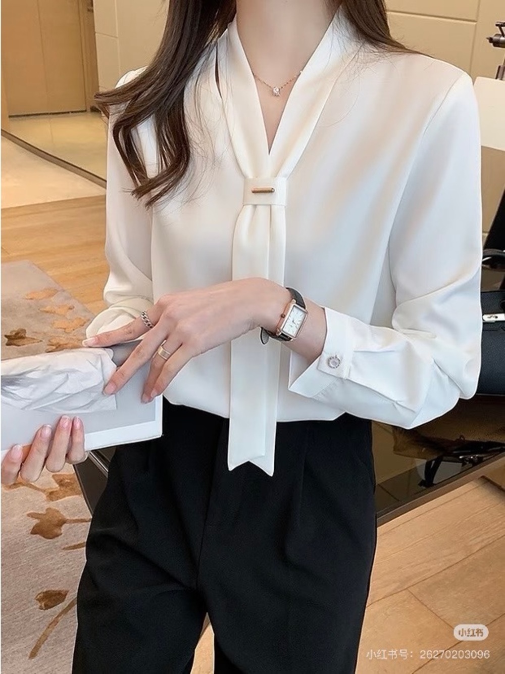 Elegant Cream Tie Neck Blouse Long Sleeve Office Top